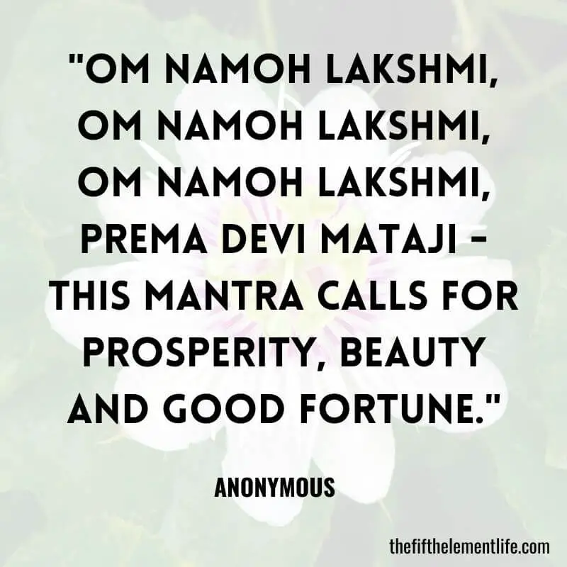 "Om Namoh Lakshmi, Om Namoh Lakshmi, Om Namoh Lakshmi, Prema Devi Mataji - This mantra calls for prosperity, beauty and good fortune."