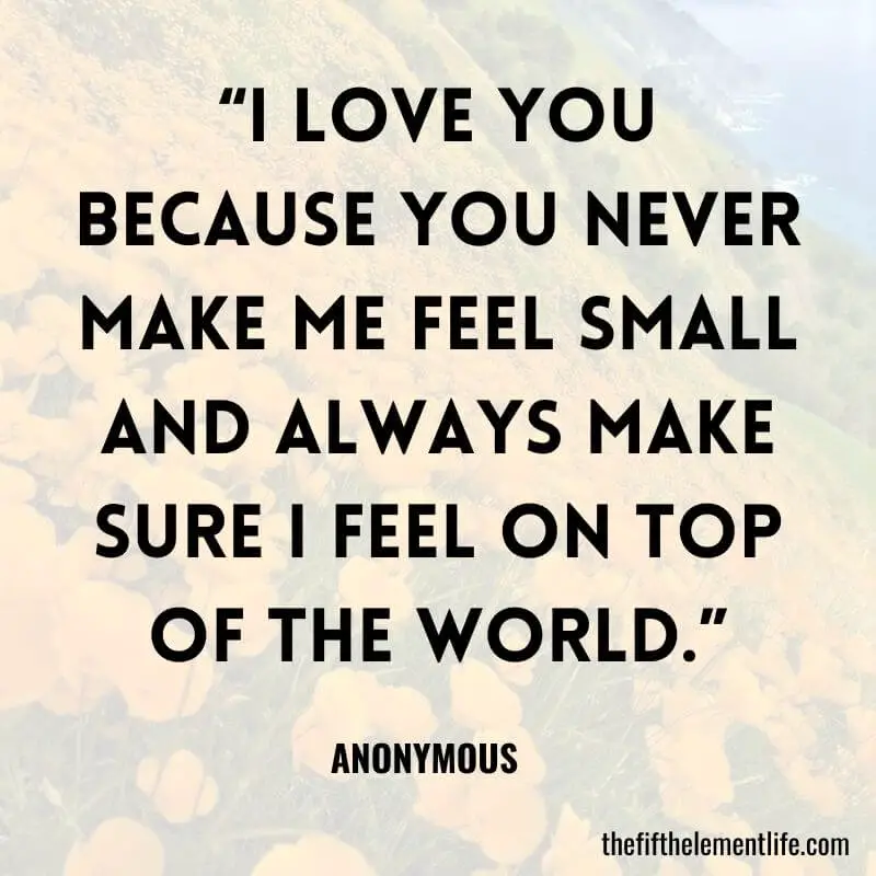 “I love you because you never make me feel small and always make sure I feel on top of the world.”